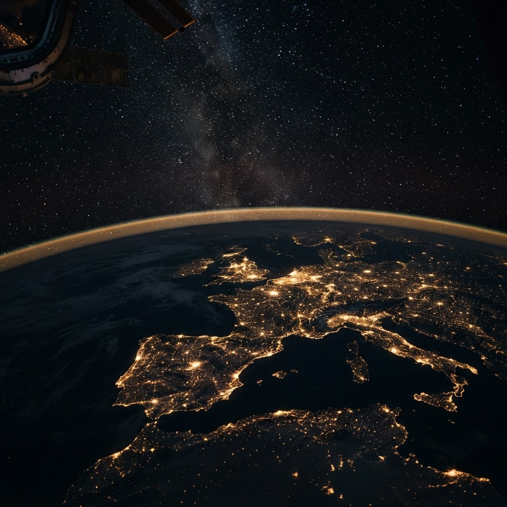 Earth viewed from orbit at night, city lights glowing across the horizon